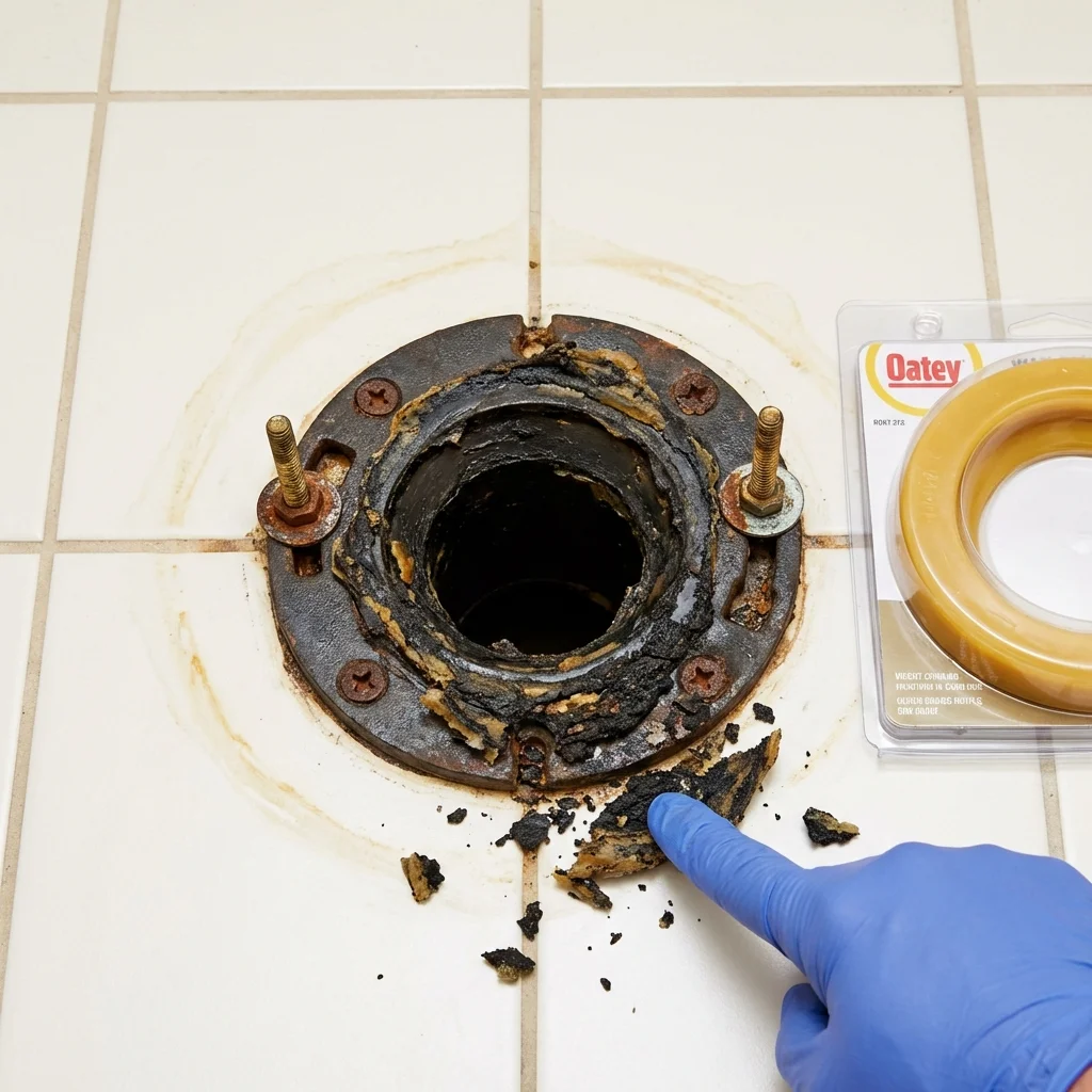 Failed wax ring showing water seepage at the base of a toilet in a Cairo, NY home