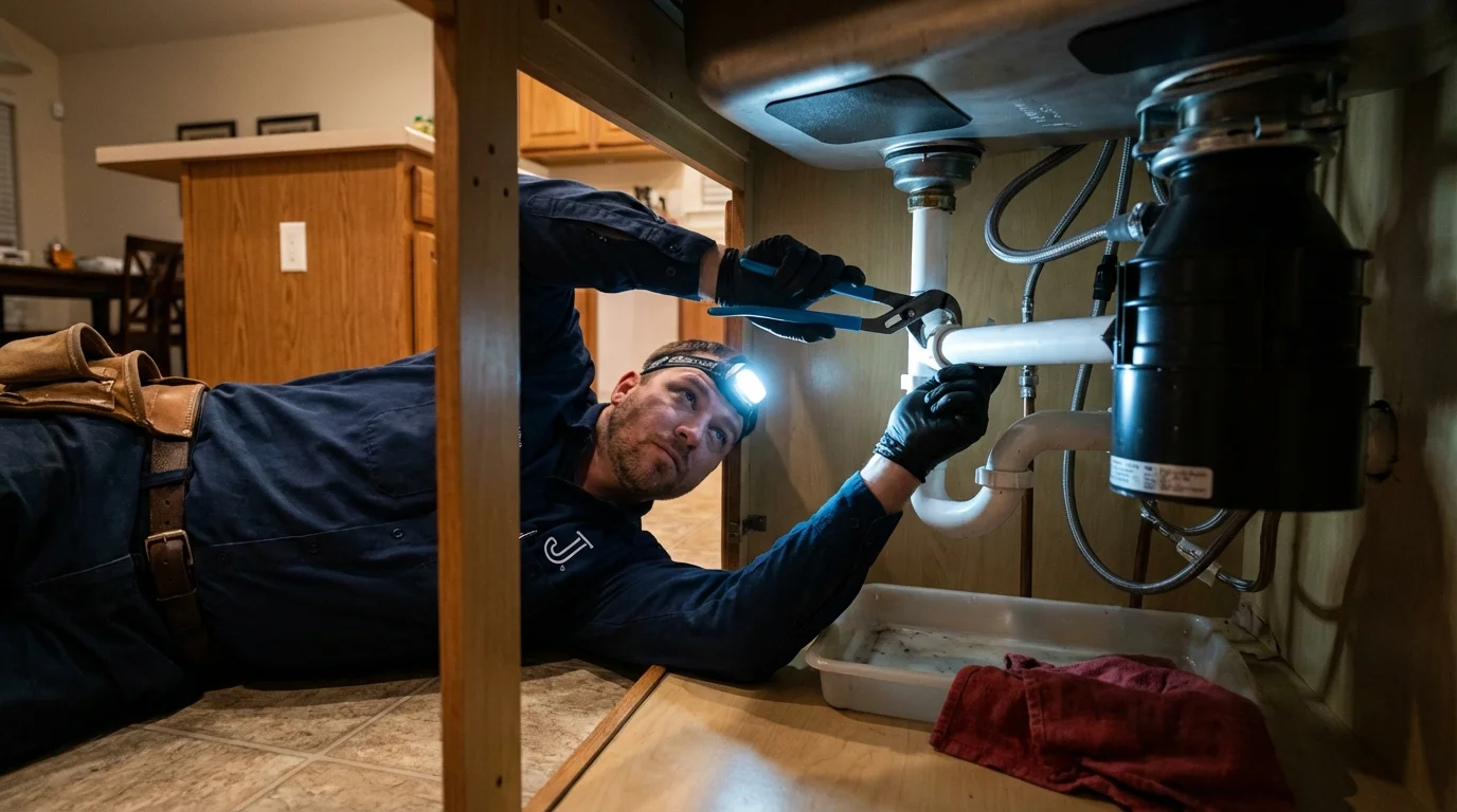 P-trap and supply line connections under a kitchen sink showing a common leak point in Cairo, NY